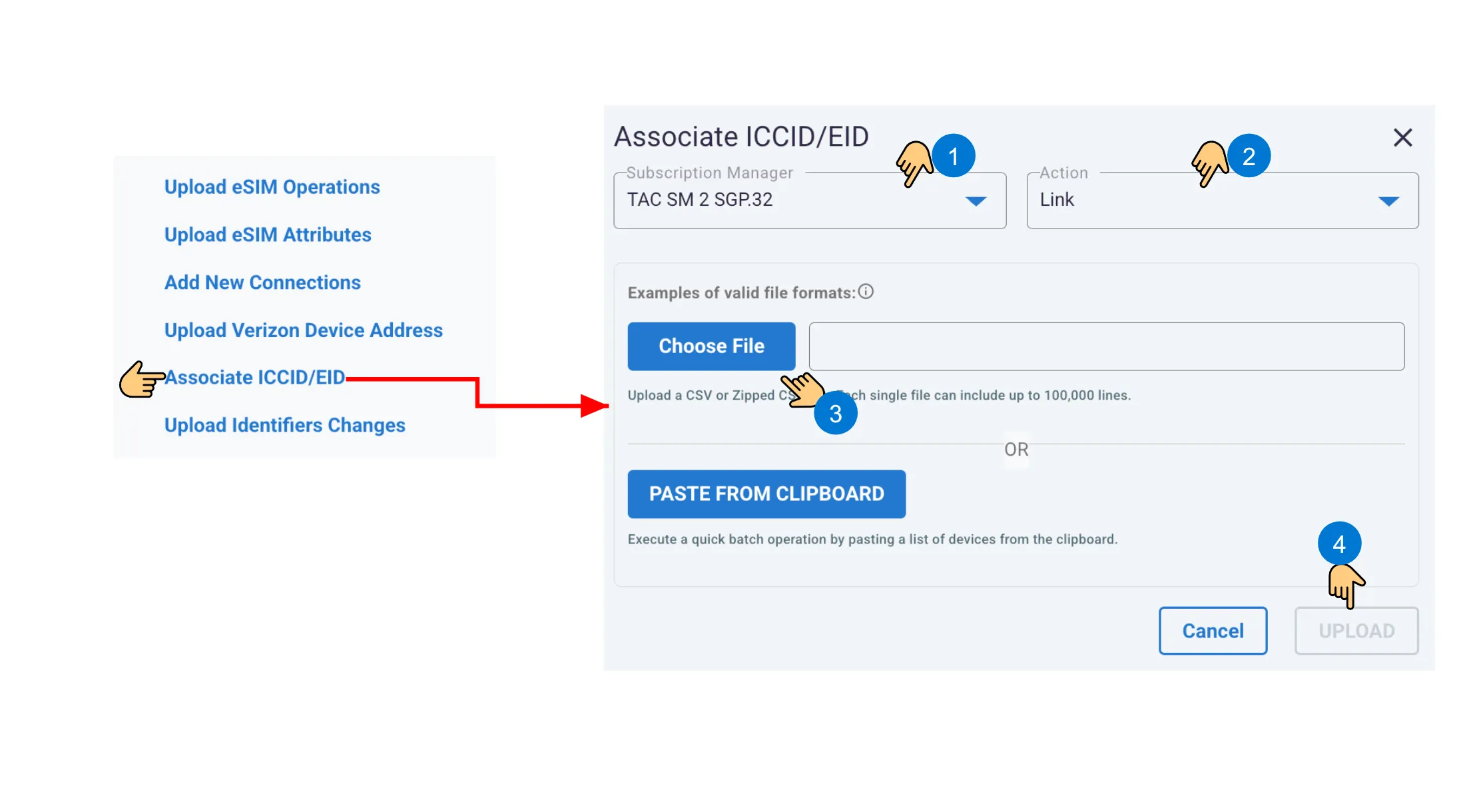 Numbered ICCID and EID association workflow showing subscription manager, action, file or clipboard, and Upload controls.