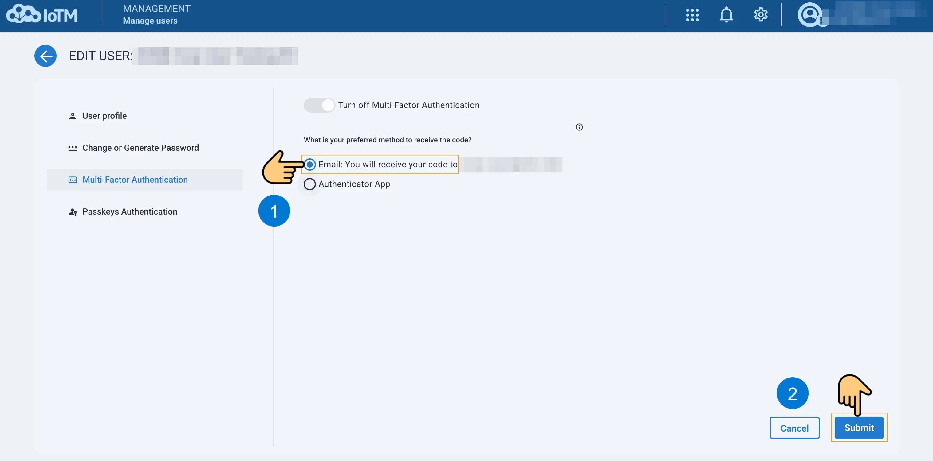 Keep Email selected; Submit the email authentication preference