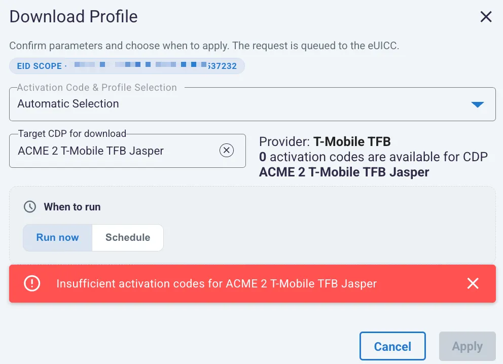 Download blocked because the target CDP has no available activation codes