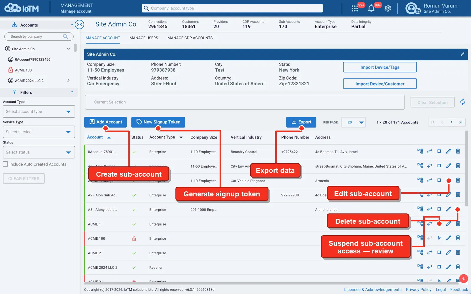 Accounts tree + company search; Sub-account filter pane; Account omni search; Import buttons; Manage account details; Domain switcher