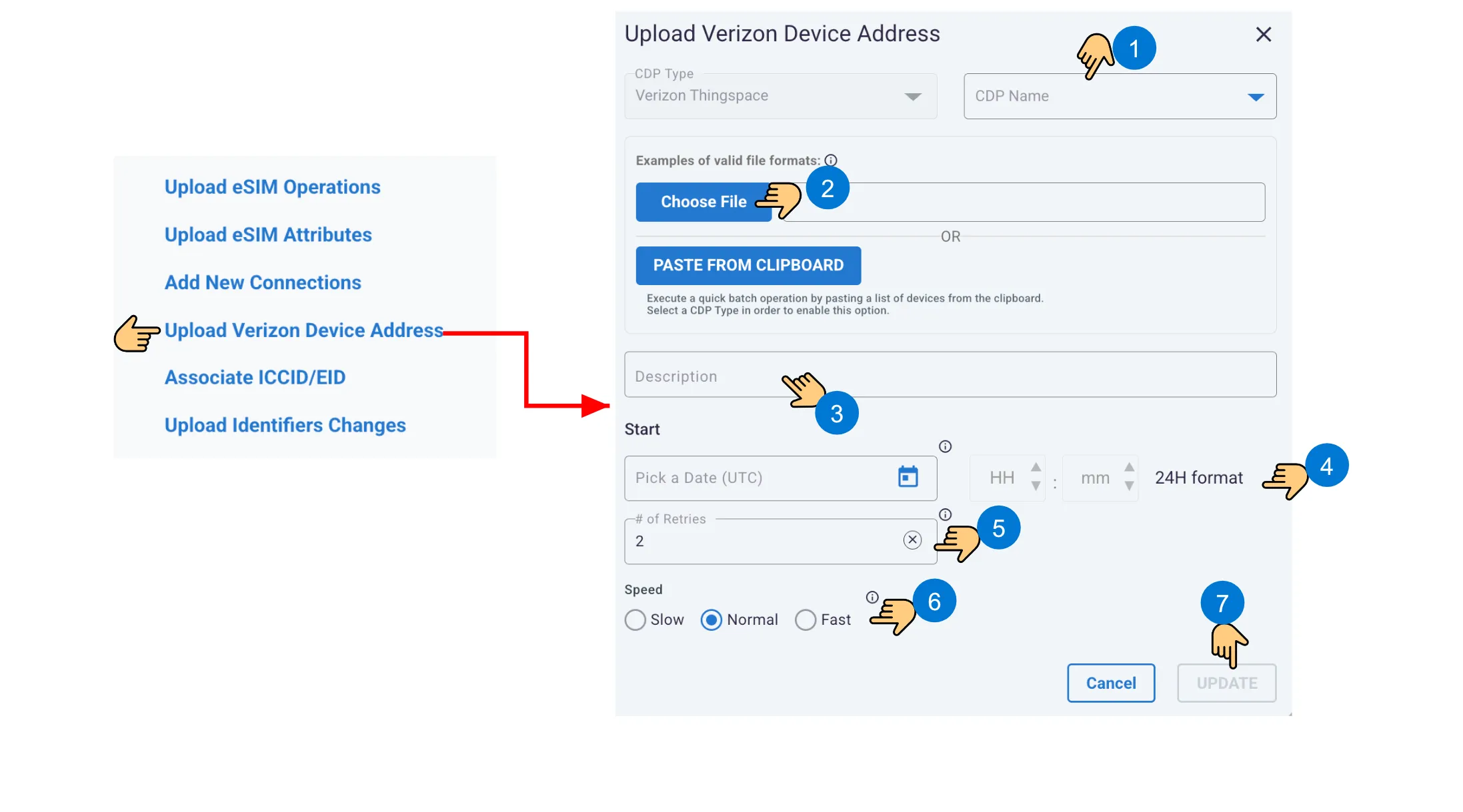 Numbered Verizon device address workflow showing provider selection, file or clipboard input, description, scheduling, retry, speed, and Update controls.