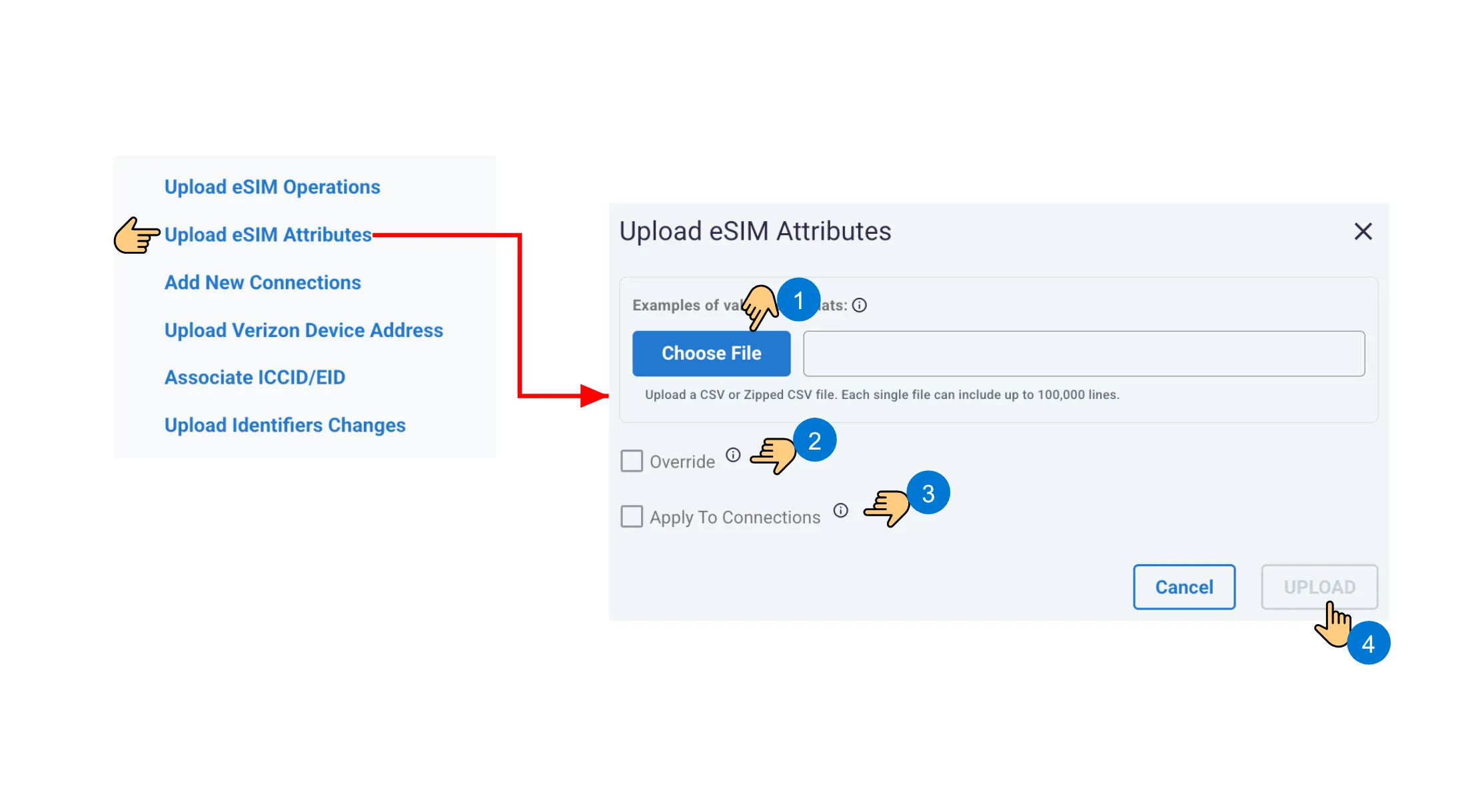 Numbered workflow for selecting the eSIM attribute file, configuring override and propagation behavior, and uploading.