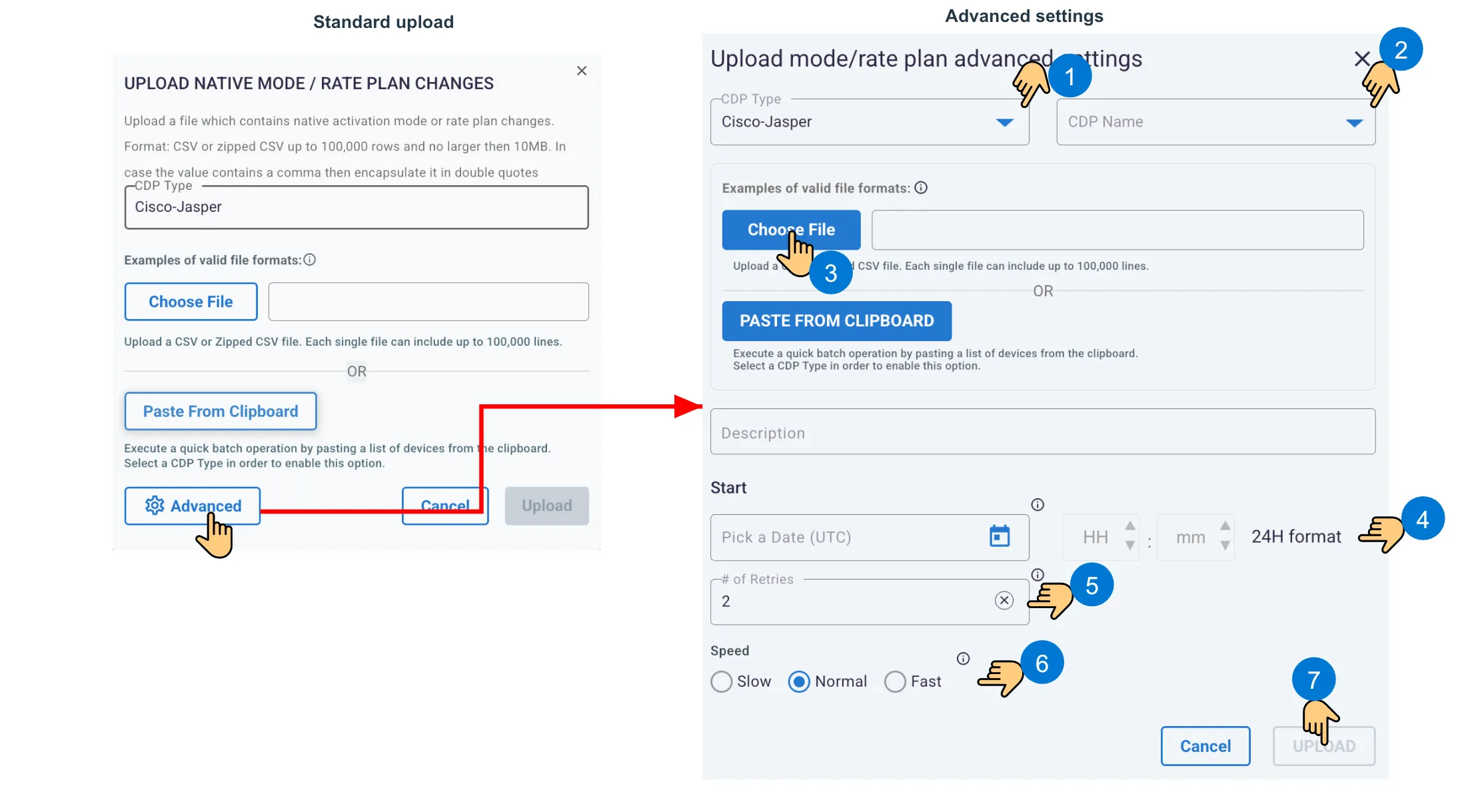 Two-state workflow showing the Advanced control in the standard upload and the numbered advanced settings form.