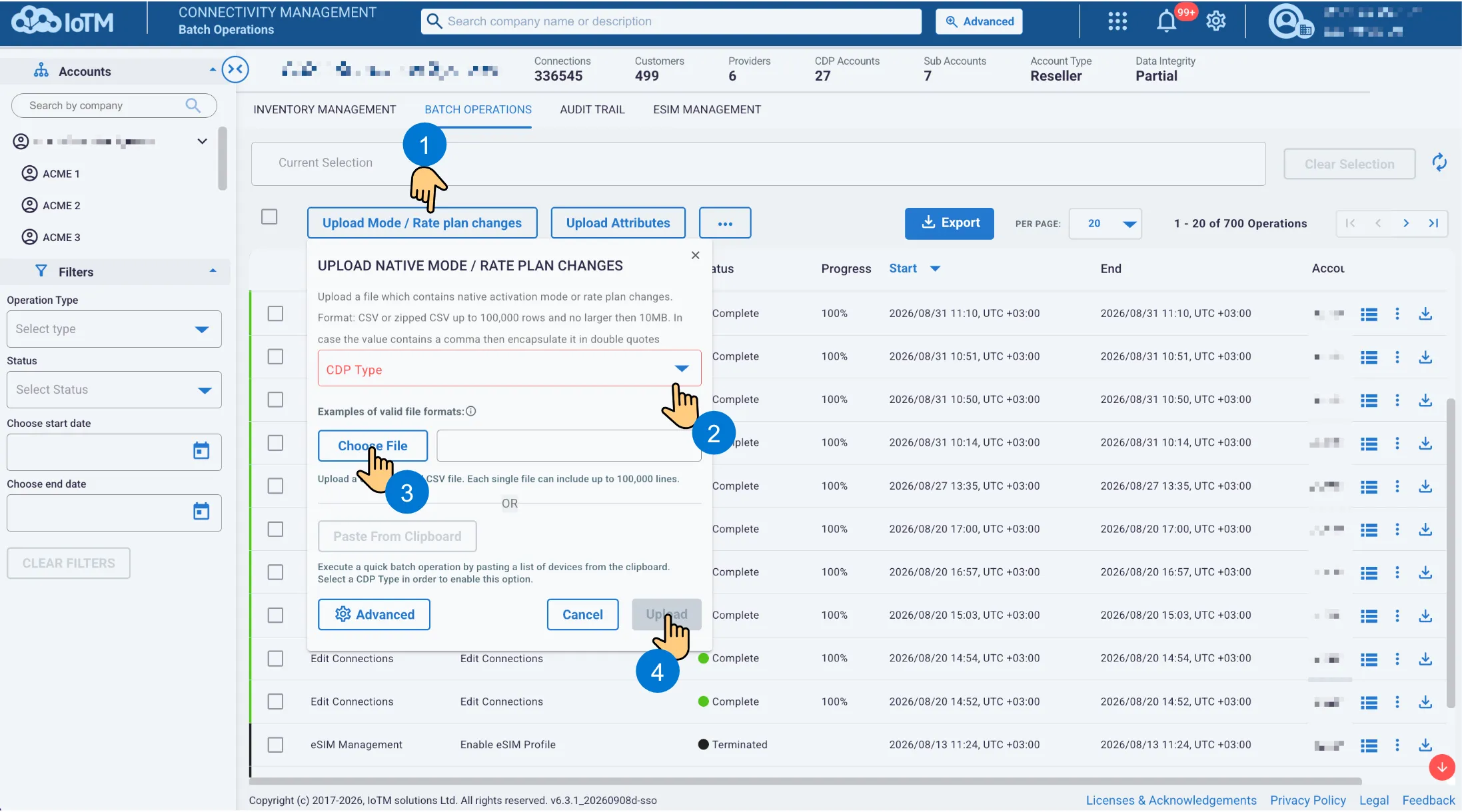 Numbered workflow for opening the native mode and rate plan upload, selecting the CDP type, choosing a file, and uploading it.