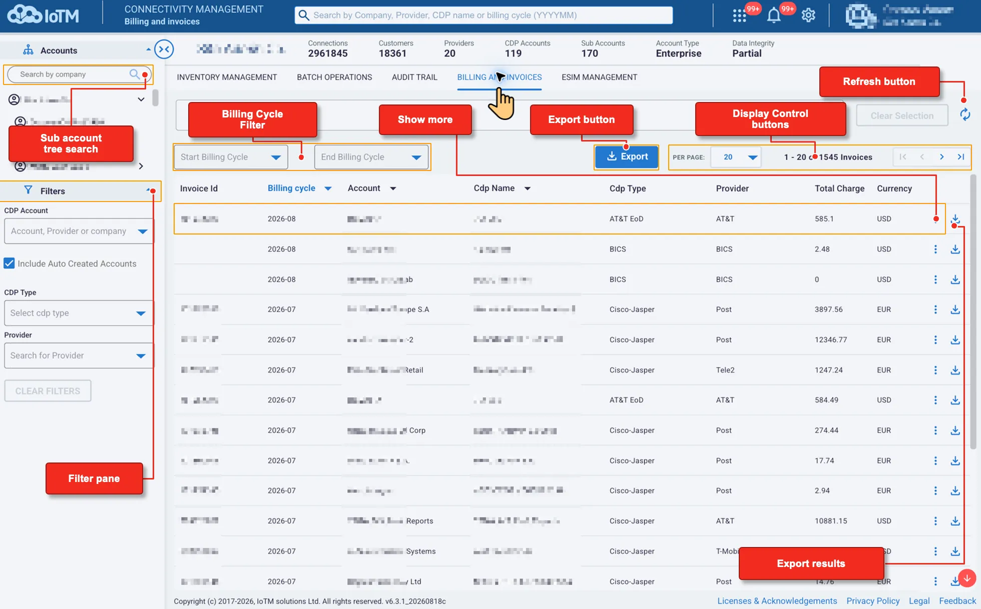Annotated Billing and Invoices grid identifying the account search, filter pane, billing-cycle controls, row expansion, export, display controls, refresh, and per-invoice export controls.