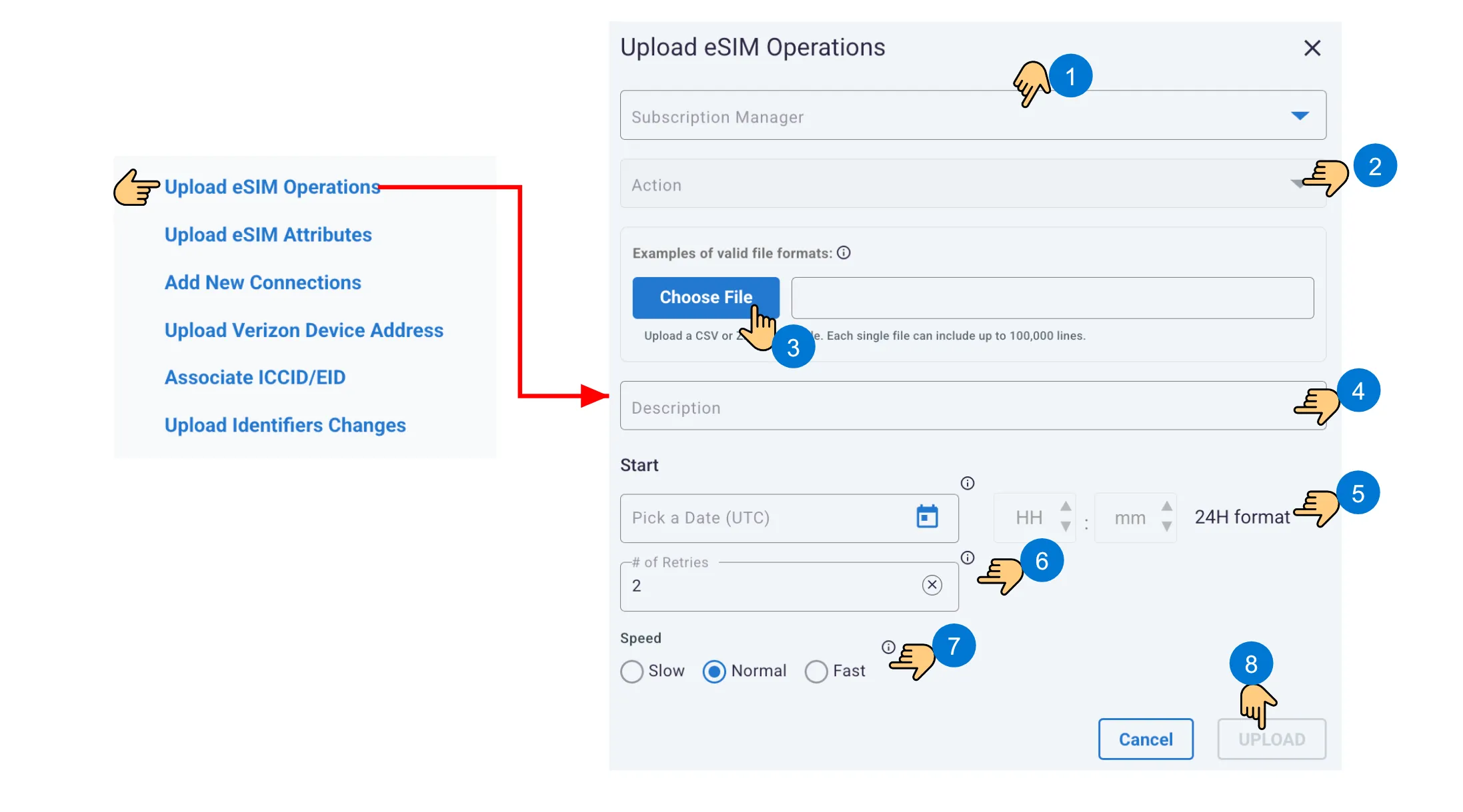 Numbered workflow for selecting a subscription manager and eSIM action, choosing a file, configuring execution settings, and uploading.