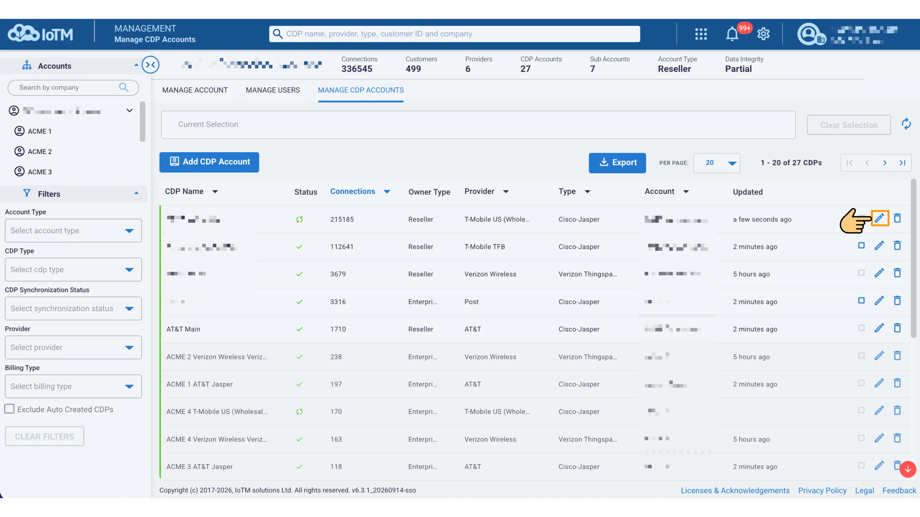Opening the CDP account settings for activation-code management