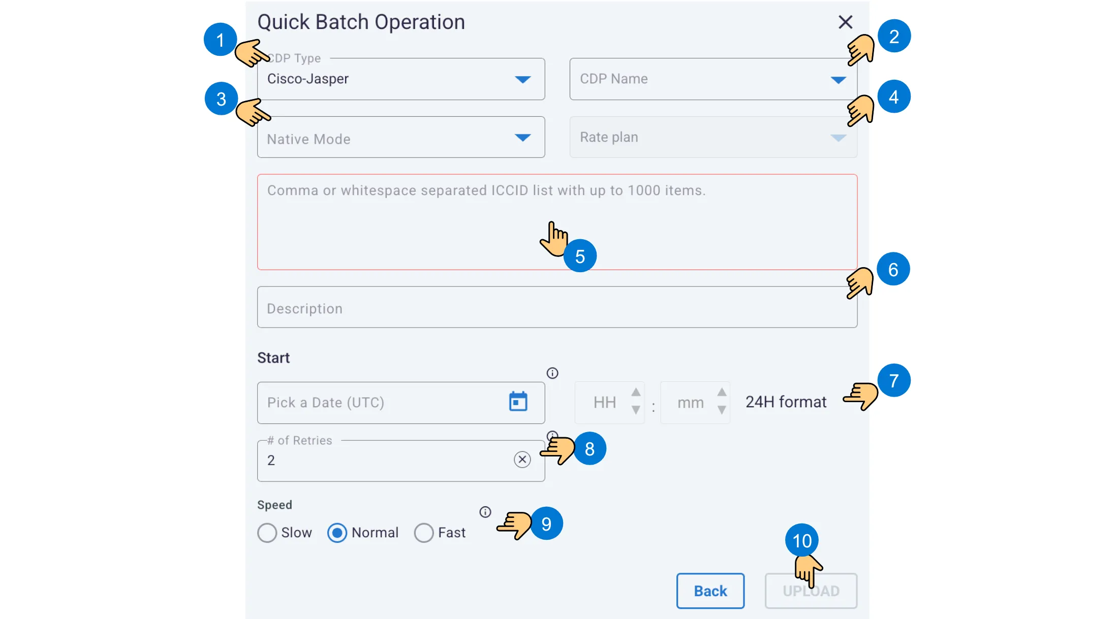 Numbered Quick Batch Operation workflow for choosing CDP and mode values, entering ICCIDs, configuring execution settings, and uploading.