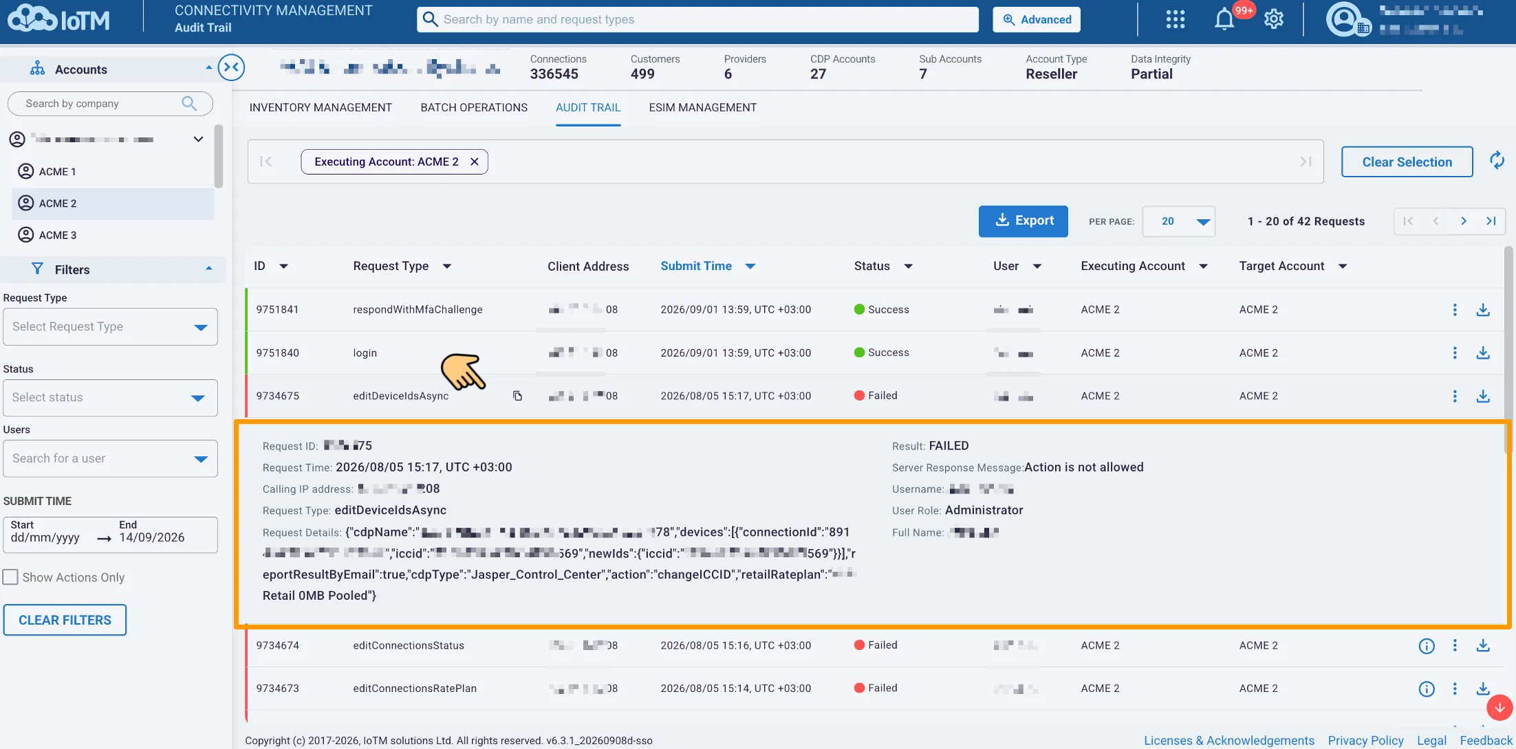 Audit Trail grid with one failed event expanded to show request information, request details, result, server response, and user information.