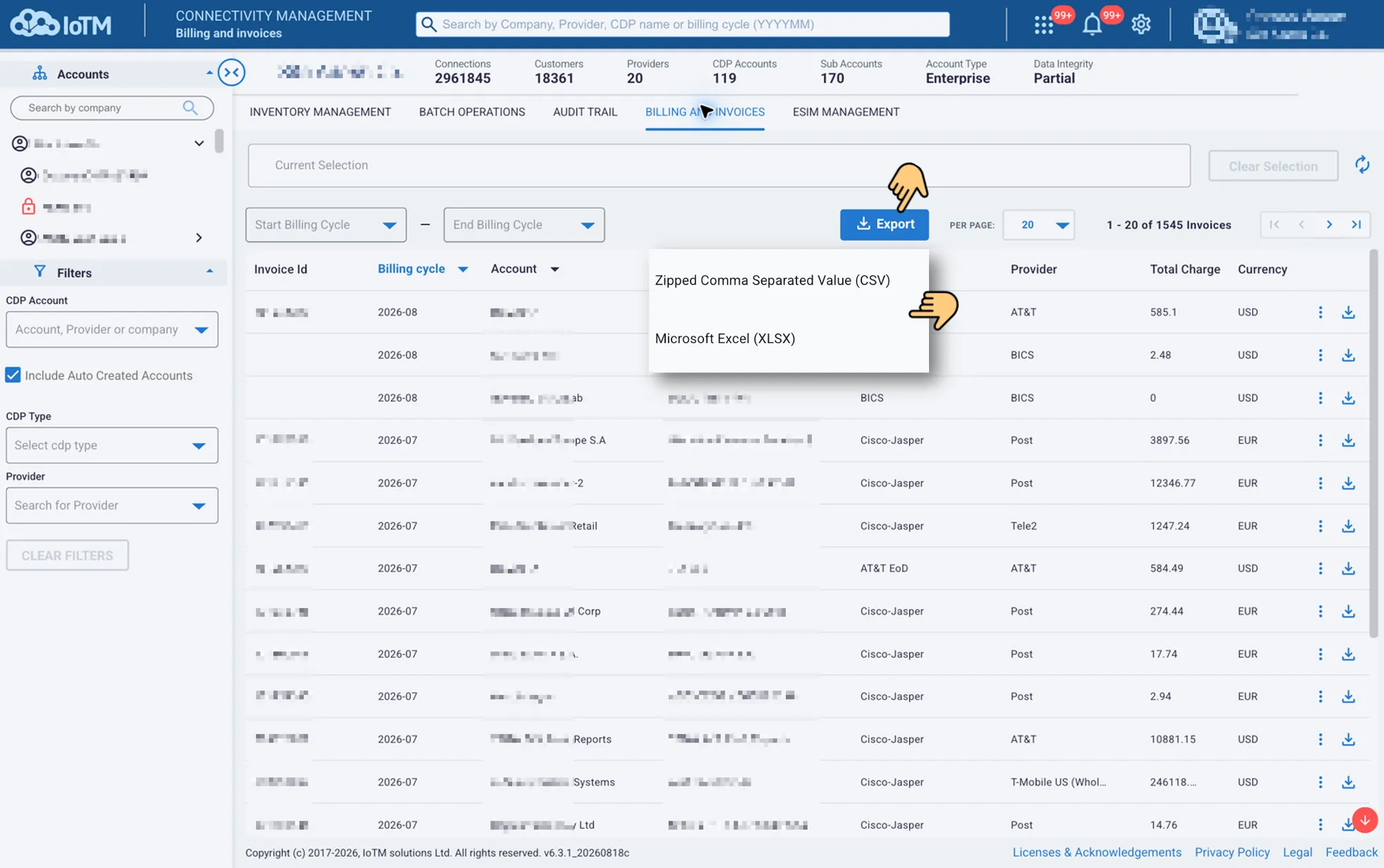 Billing and Invoices grid showing the main Export button and the zipped CSV and Microsoft Excel export choices.