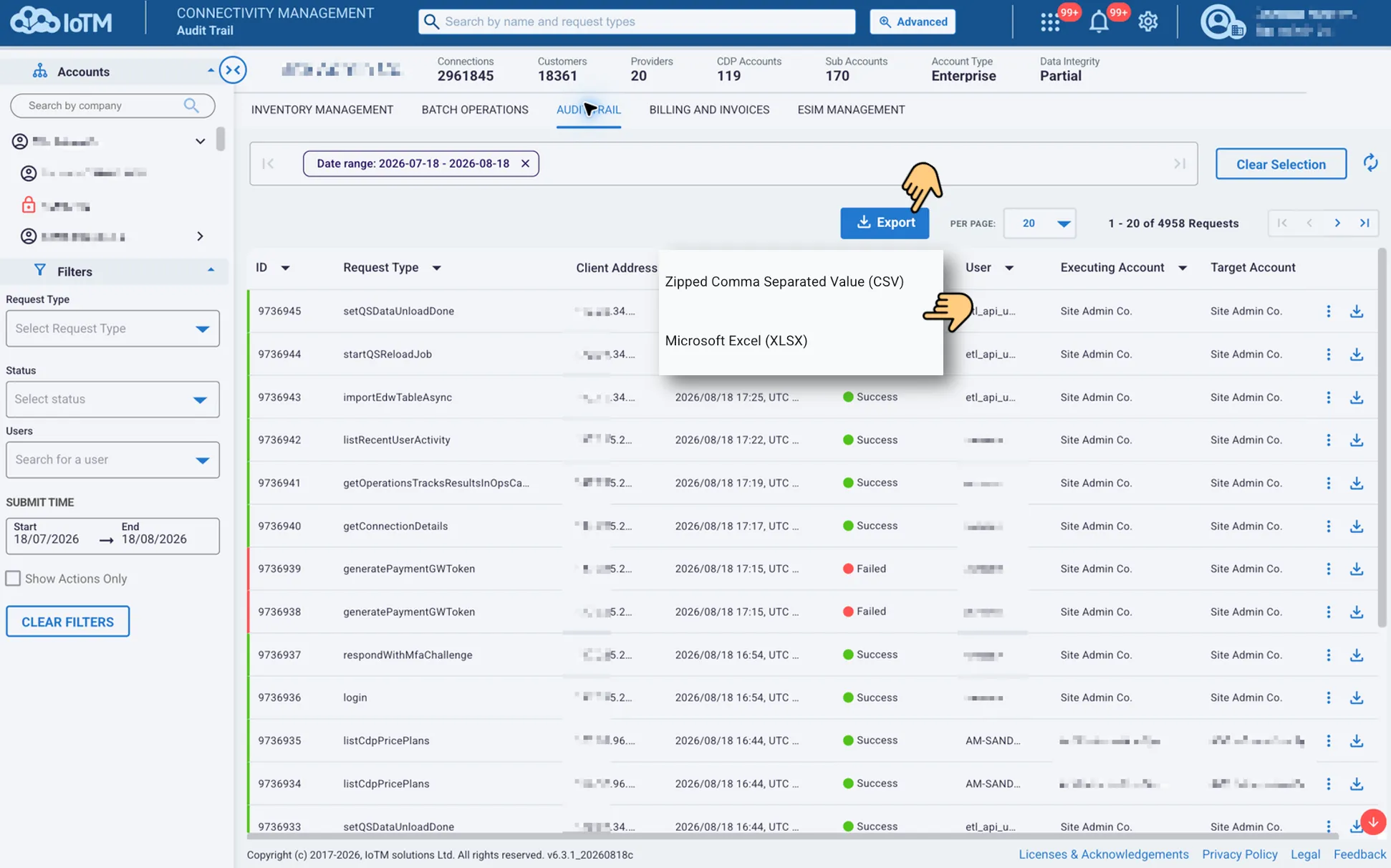 Audit Trail grid showing the main Export button and the zipped CSV and Microsoft Excel export choices.