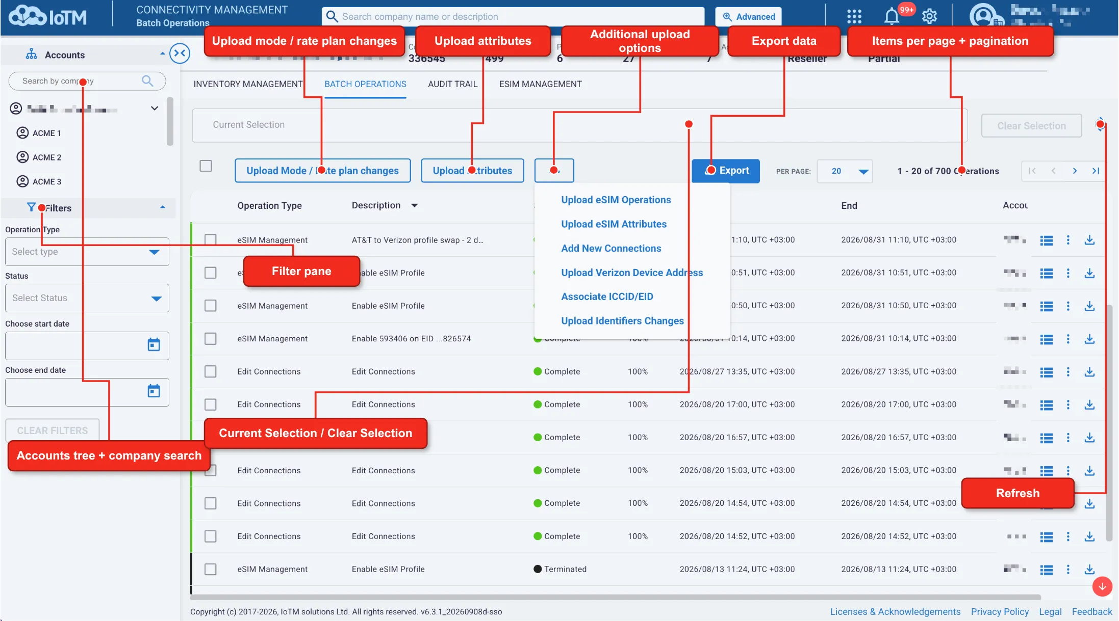 Annotated Batch Operations grid identifying the account tree, filters, selection controls, upload actions, export, pagination, and refresh controls.