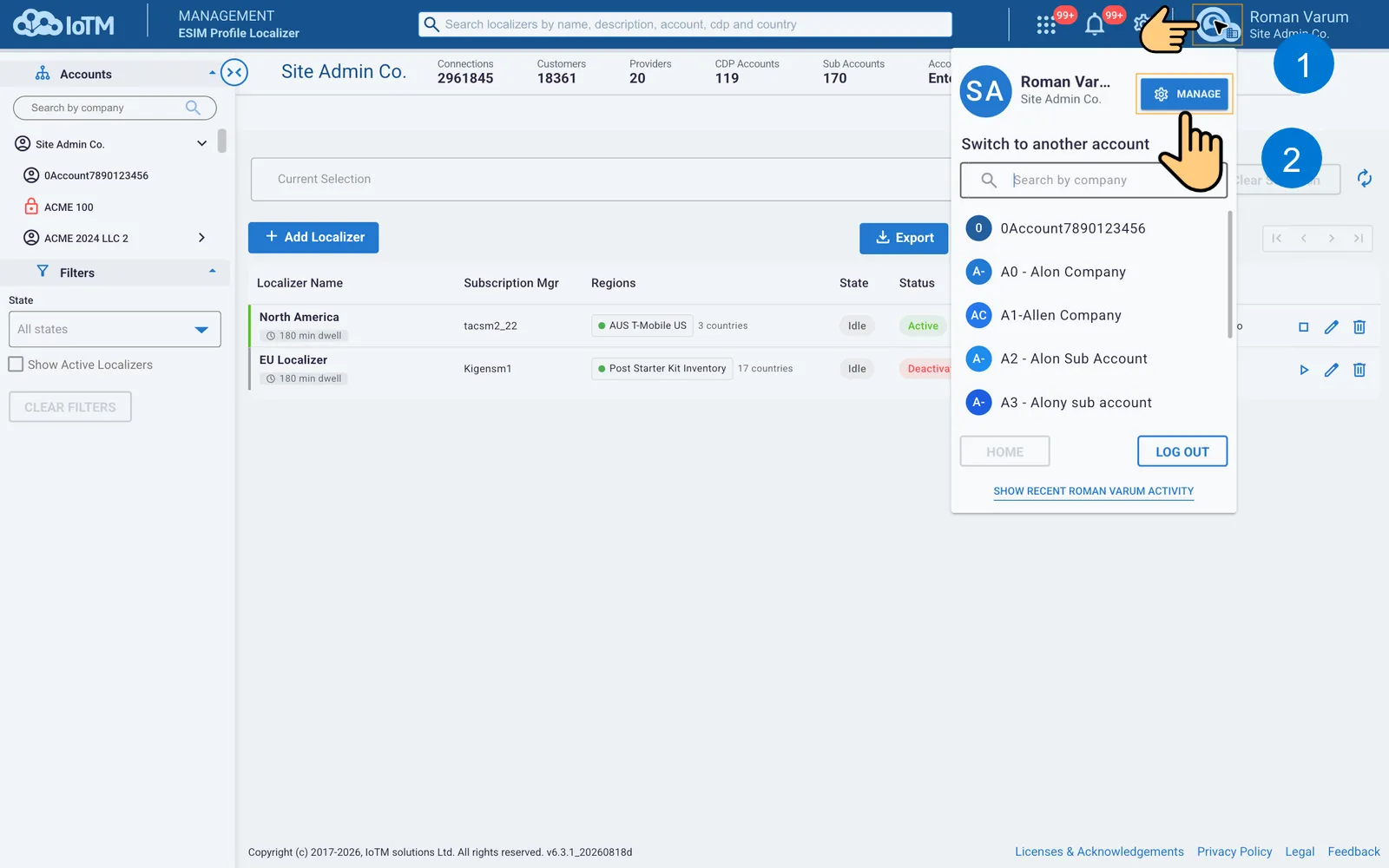 Open the domain switcher; Select Manage