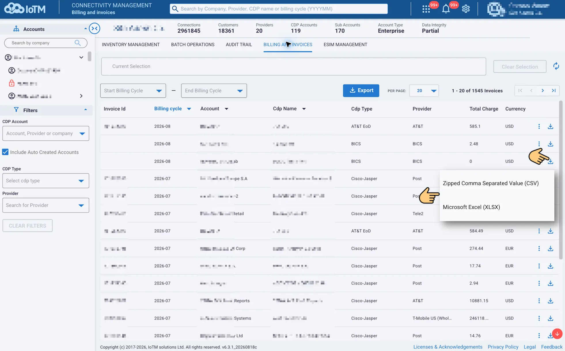 Billing and Invoices grid showing the per-invoice download arrow and zipped CSV and Microsoft Excel export choices.
