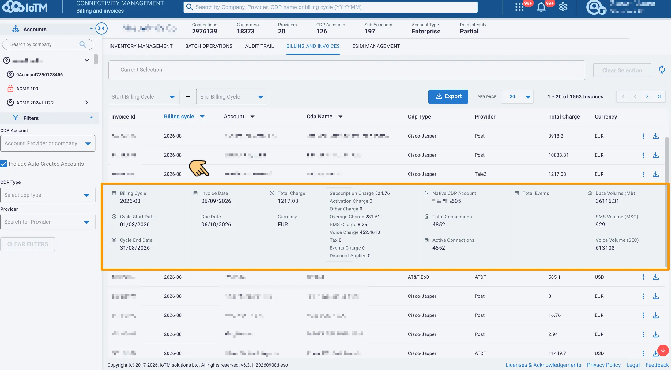 Billing and Invoices grid with one invoice expanded to show billing dates, charge categories, account totals, and usage volumes.