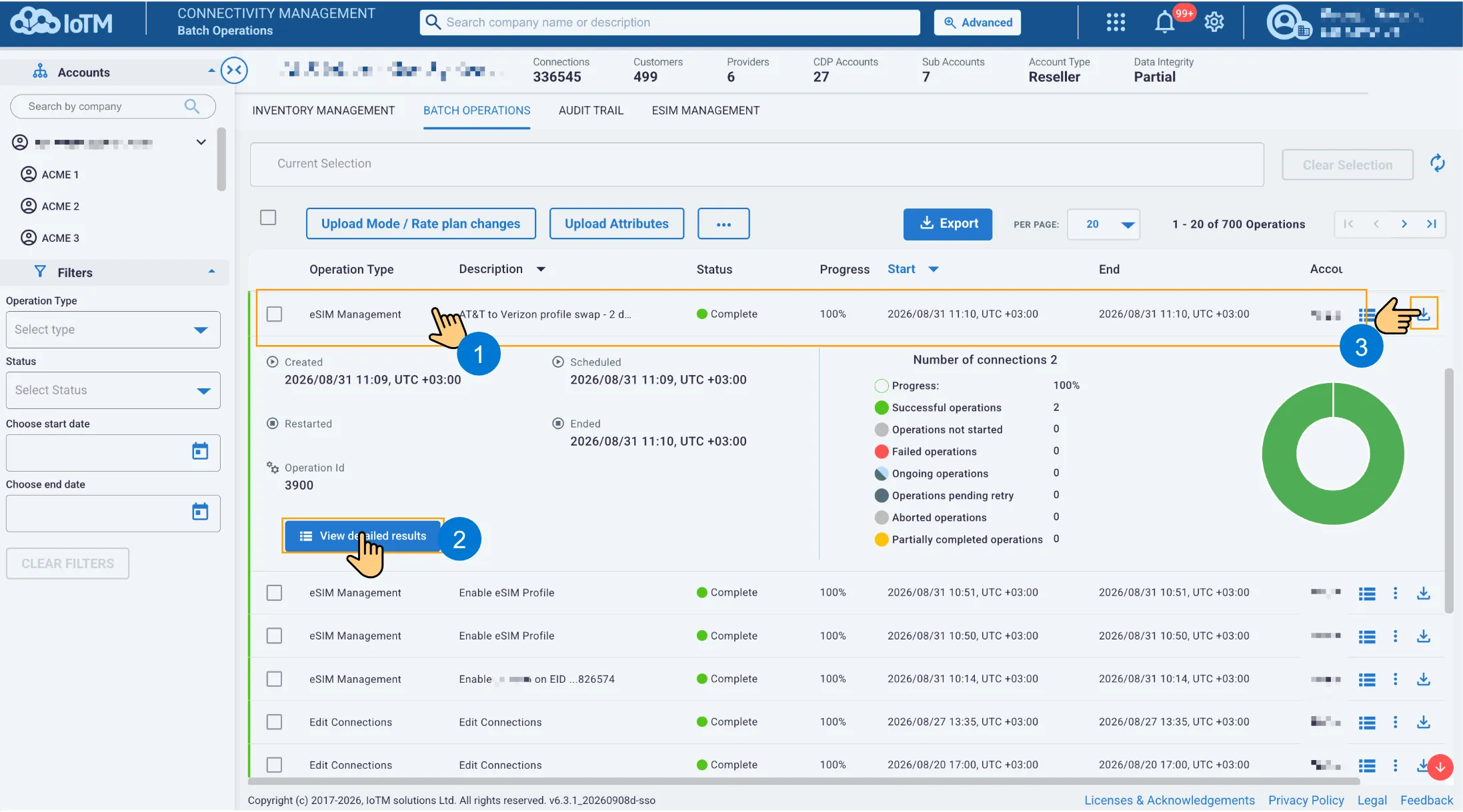 Numbered flow showing how to expand a Batch Operations row, open detailed results, and export one operation.