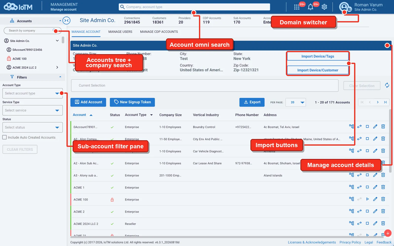 Accounts tree + company search; Sub-account filter pane; Account omni search; Import buttons; Manage account details; Domain switcher