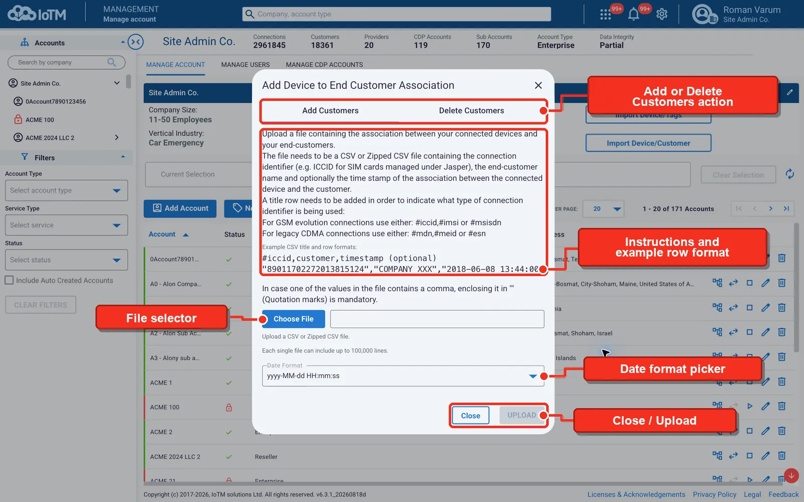 Add or Delete Customers action; Instructions and example row format; File selector; Date format picker; Close / Upload