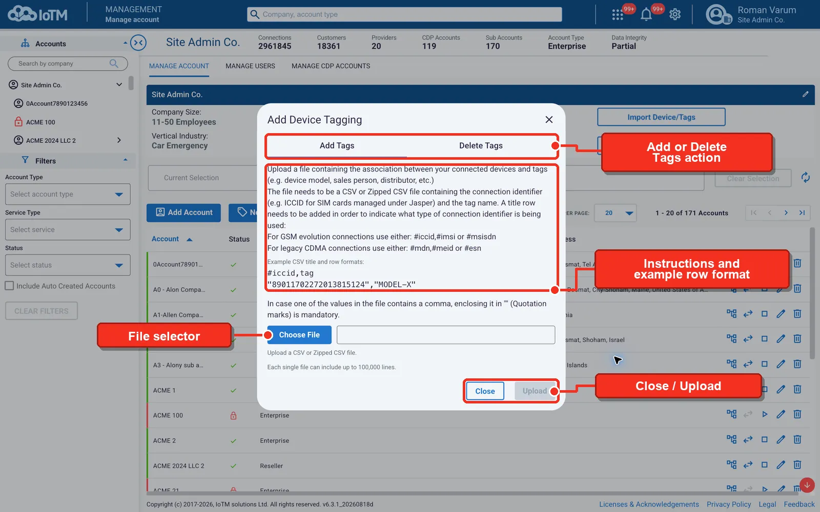 Add or Delete Tags action; Instructions and example row format; File selector; Close / Upload