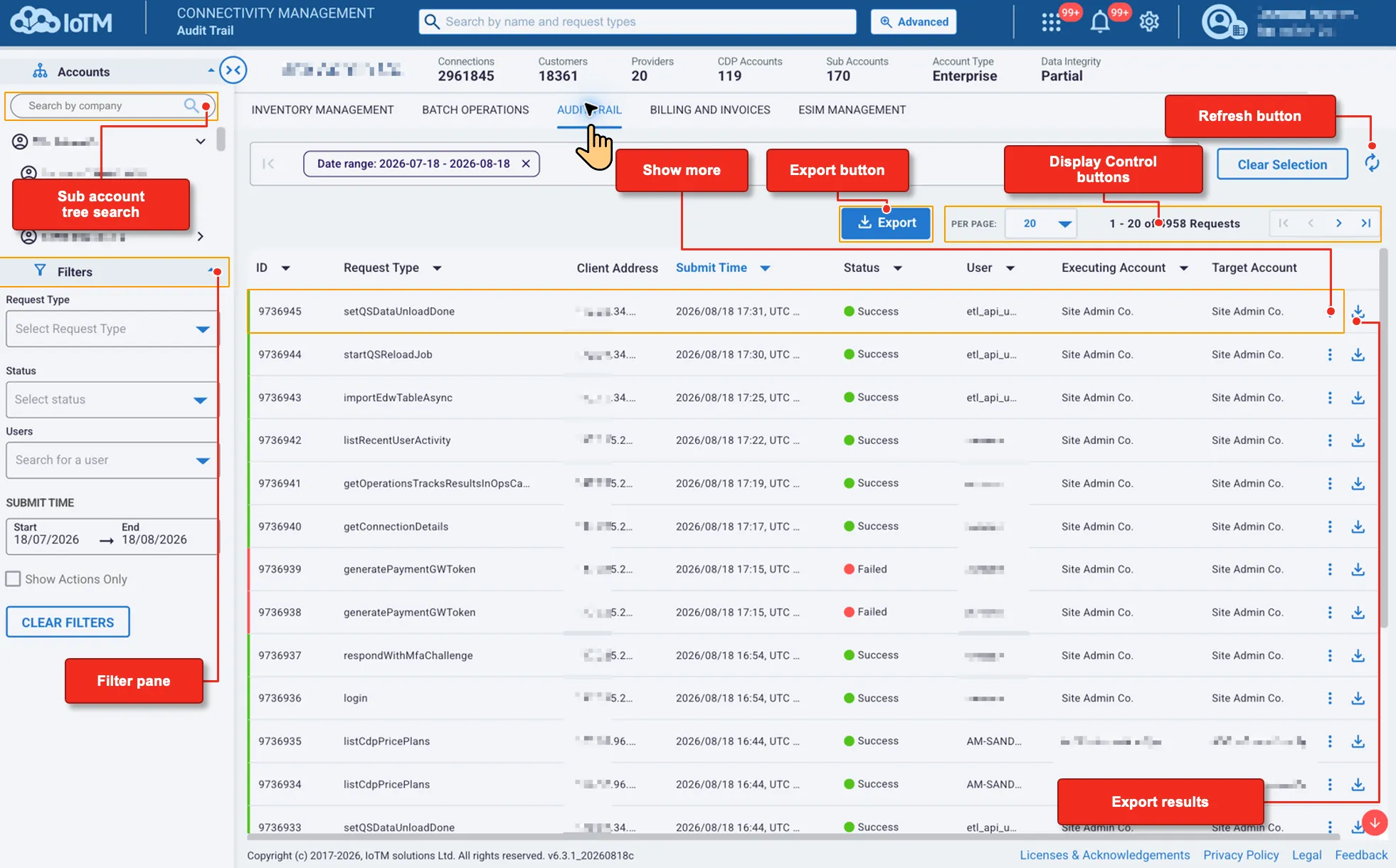Annotated Audit Trail grid identifying the account search, filter pane, row expansion, export, display controls, refresh, and per-event export controls.