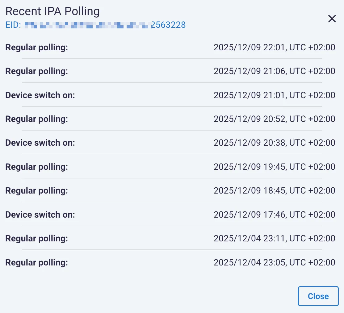Recent IPA polling events for the selected EID
