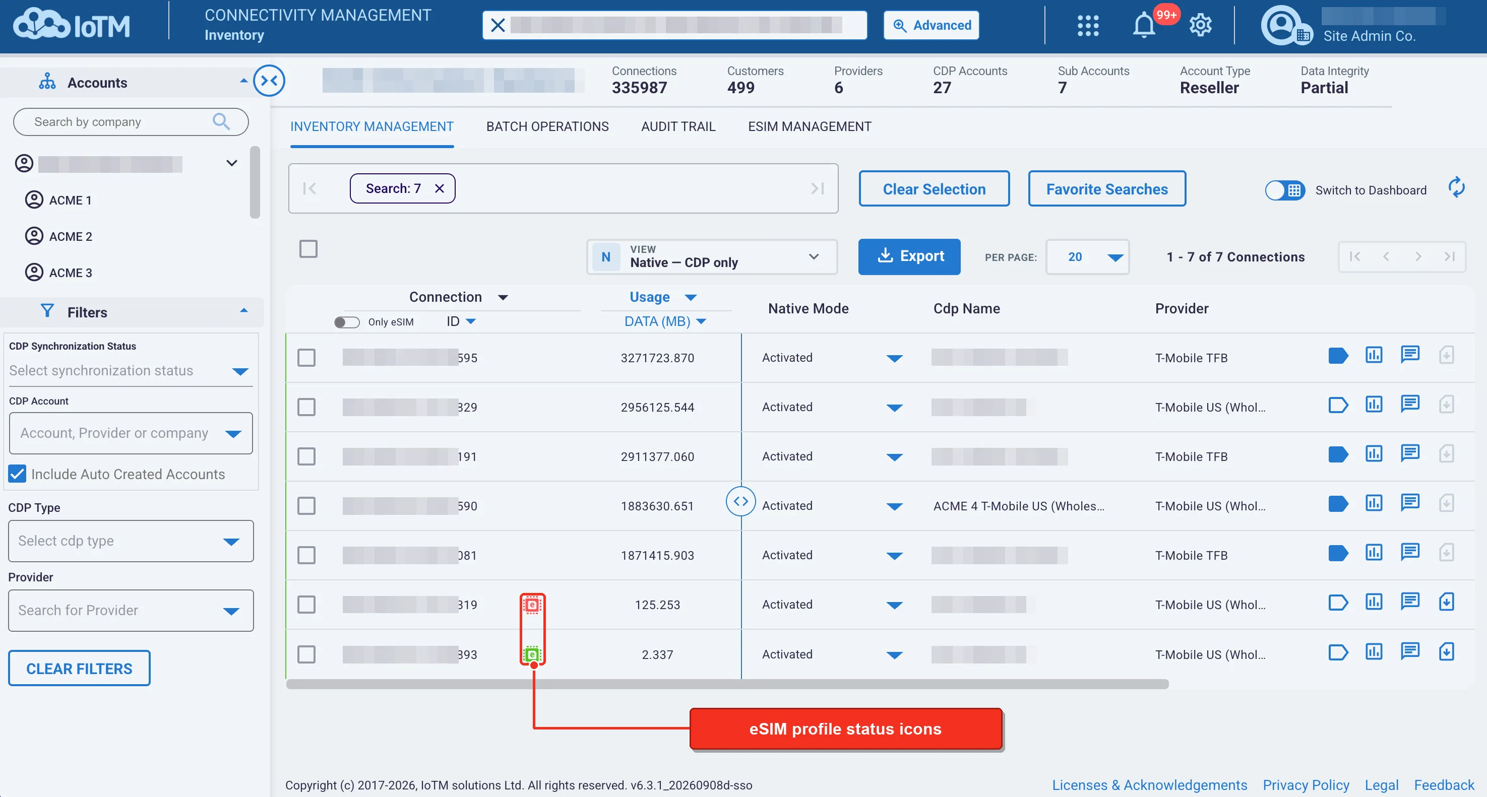 Inventory rows with eSIM profile status icons