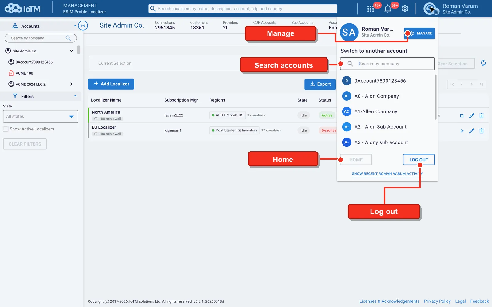 Manage; Search accounts; Home; Log out
