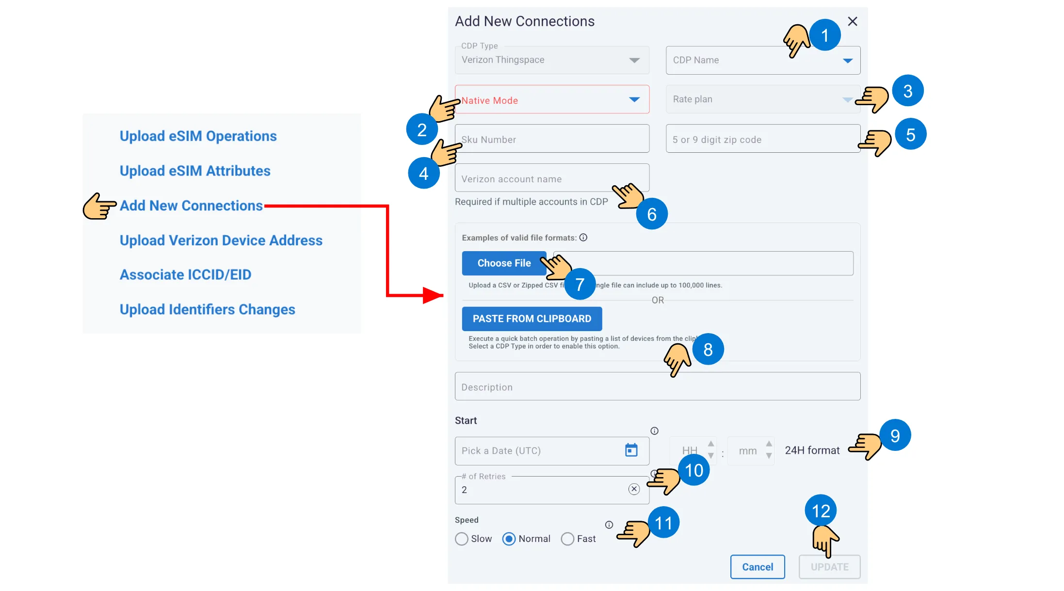 Numbered Verizon connection upload workflow showing provider, native mode, device, file or clipboard, scheduling, retry, speed, and Update controls.