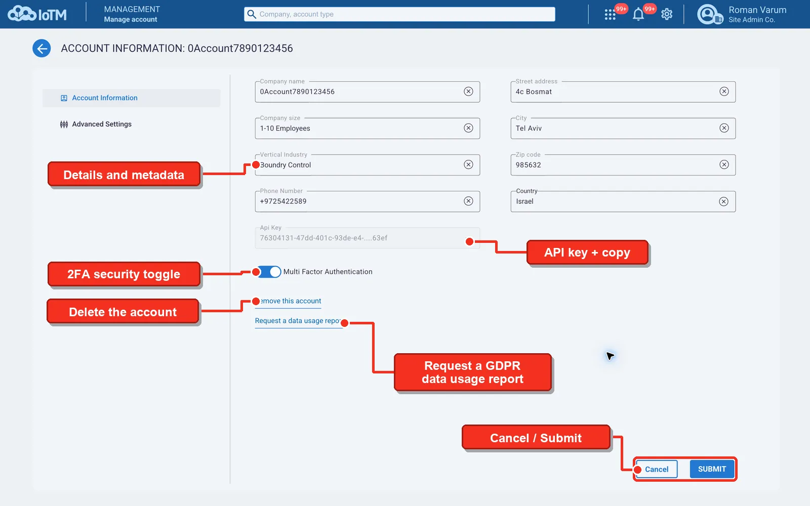 Details and metadata; API key + copy; 2FA security toggle; Delete the account; Request a GDPR data usage report; Cancel / Submit