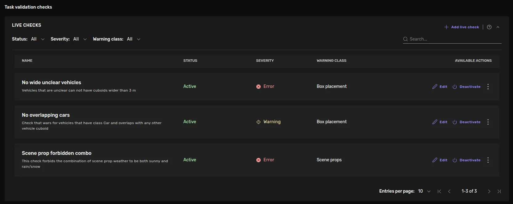 An overview of some configured live checks in a project