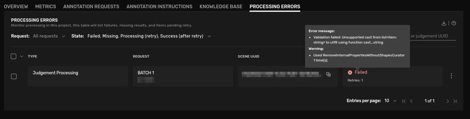 A screenshot of the default view of Processing Errors in a project. There is one failed processing item and an error message is being displayed.