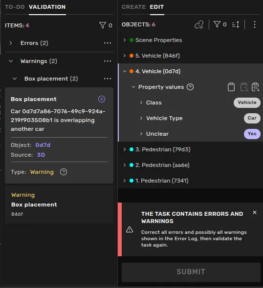 A screenshot of the annotation tool with a task with active errors and warnings