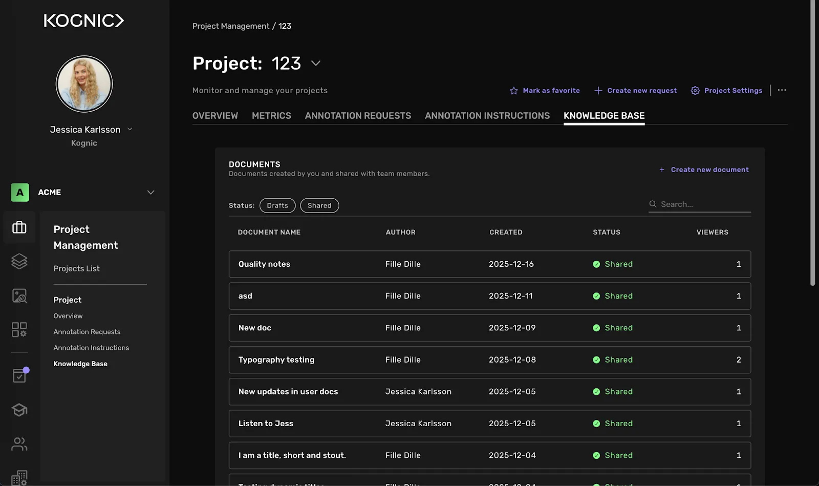The Knowledge base page