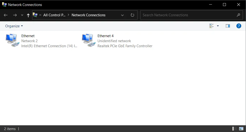 Network Connections menu