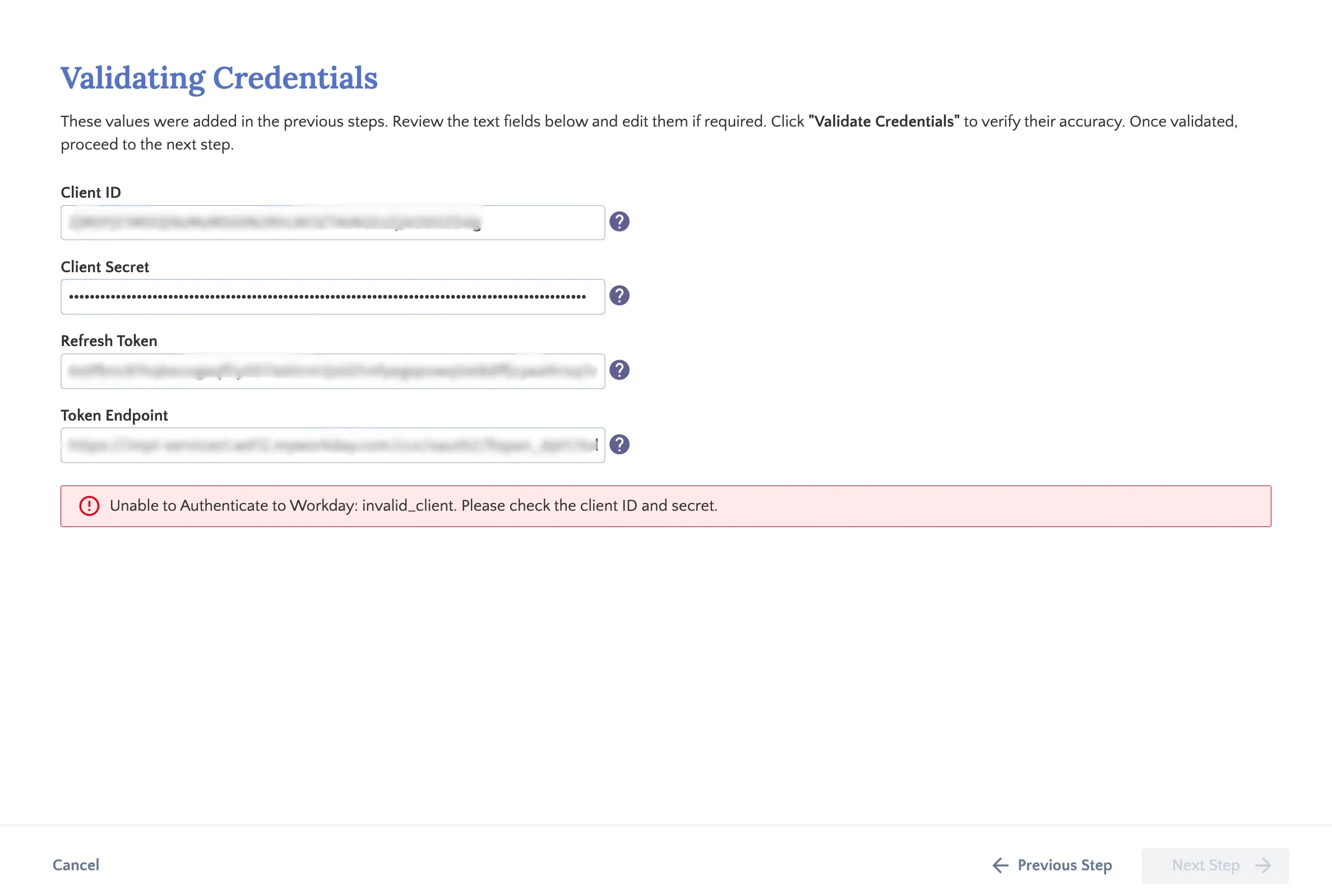 Validate Credentials Failed
