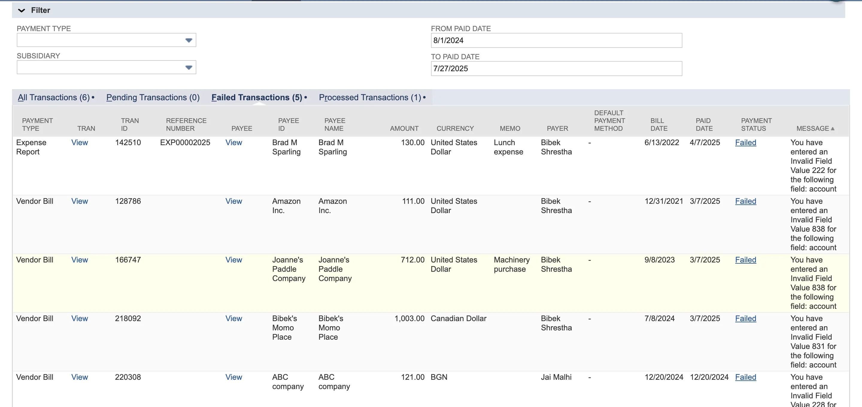 View Payment History - Failed