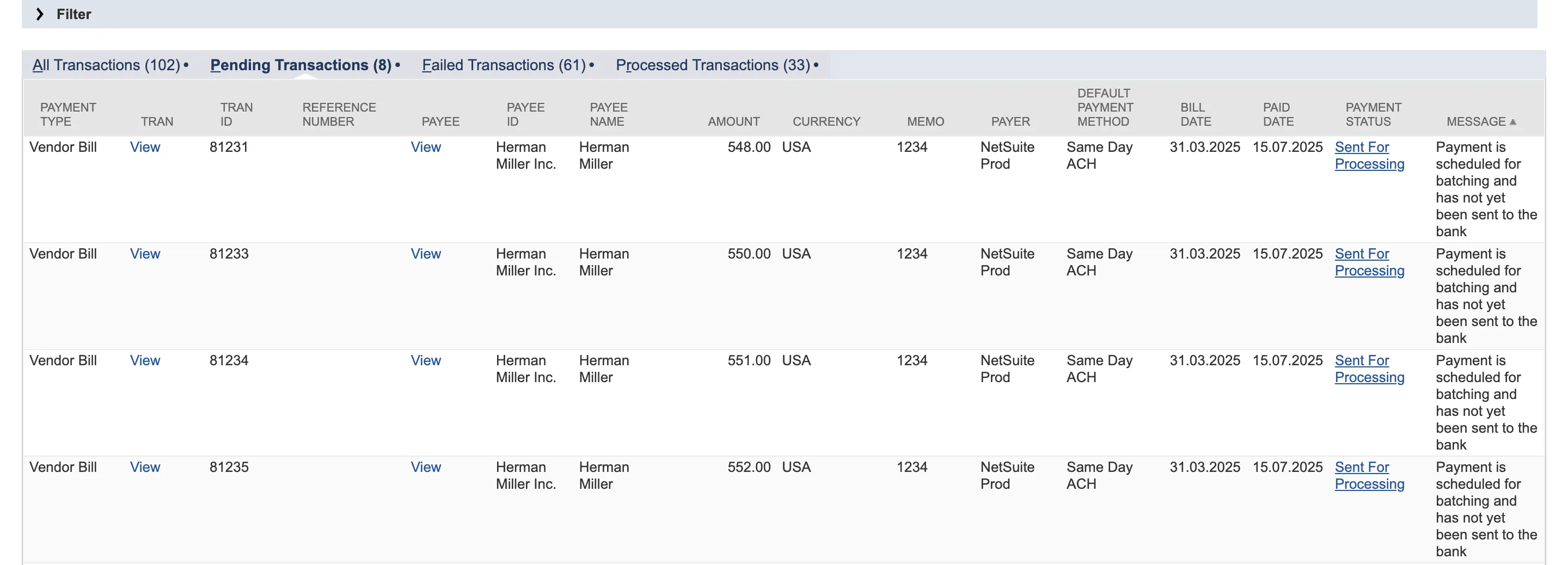View Payment History - Pending