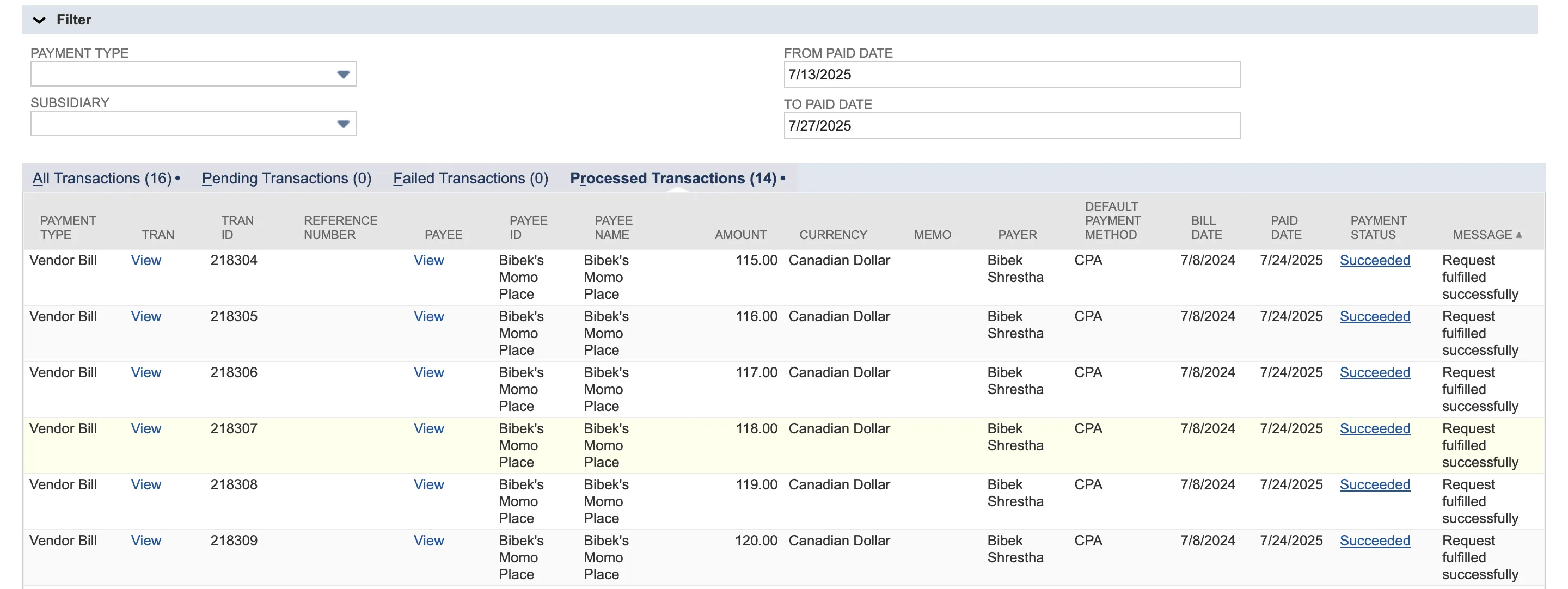 View Payment History - Succeeded 