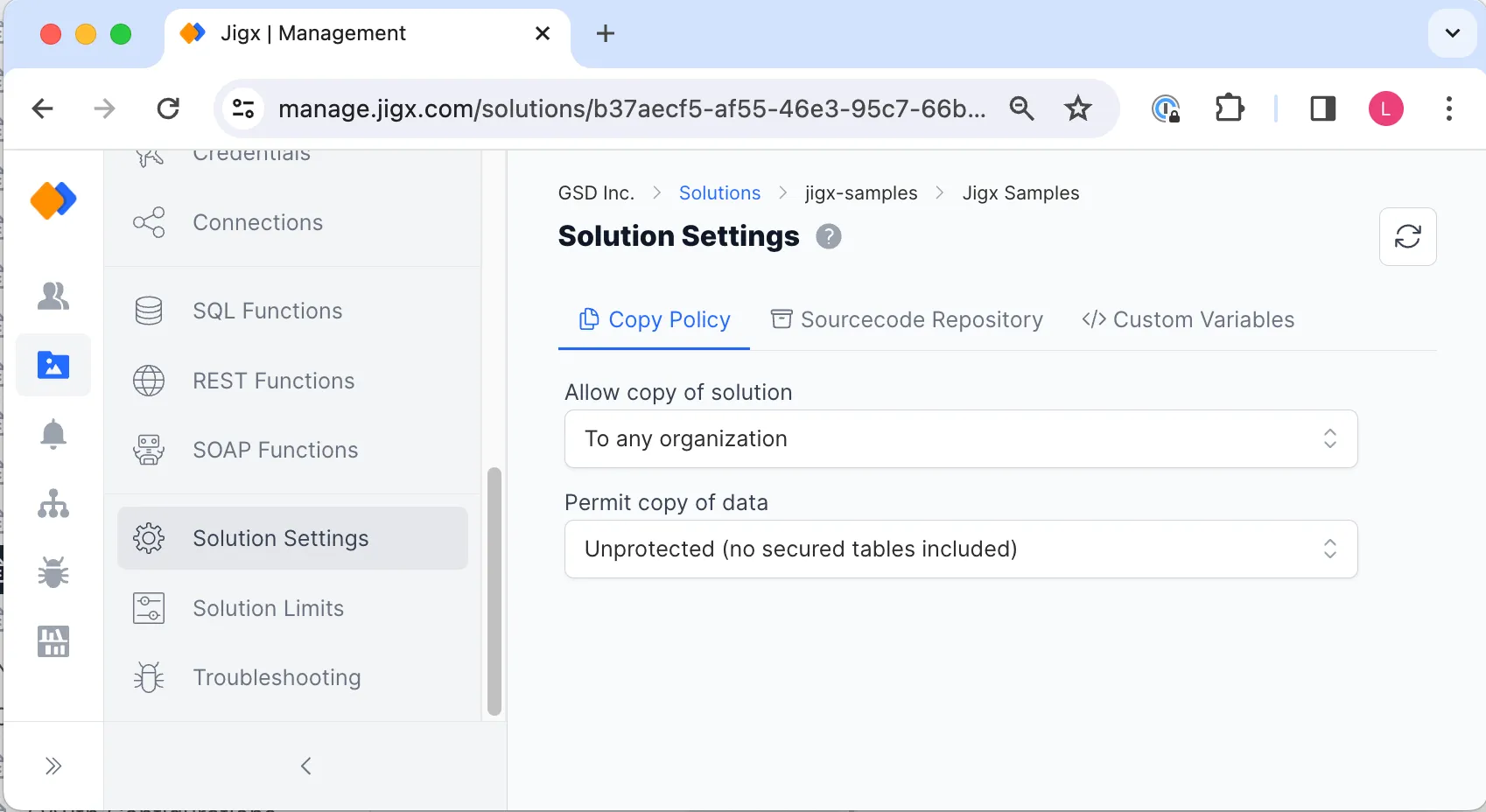 Solution Settings screen