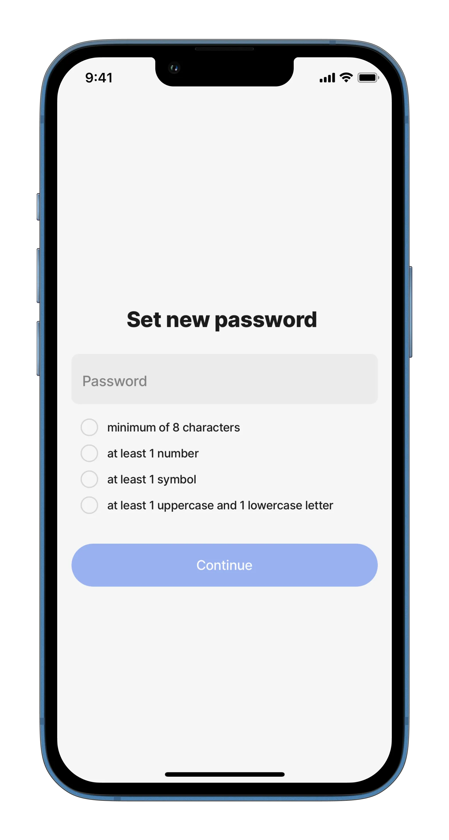 New Password screen New Password screen