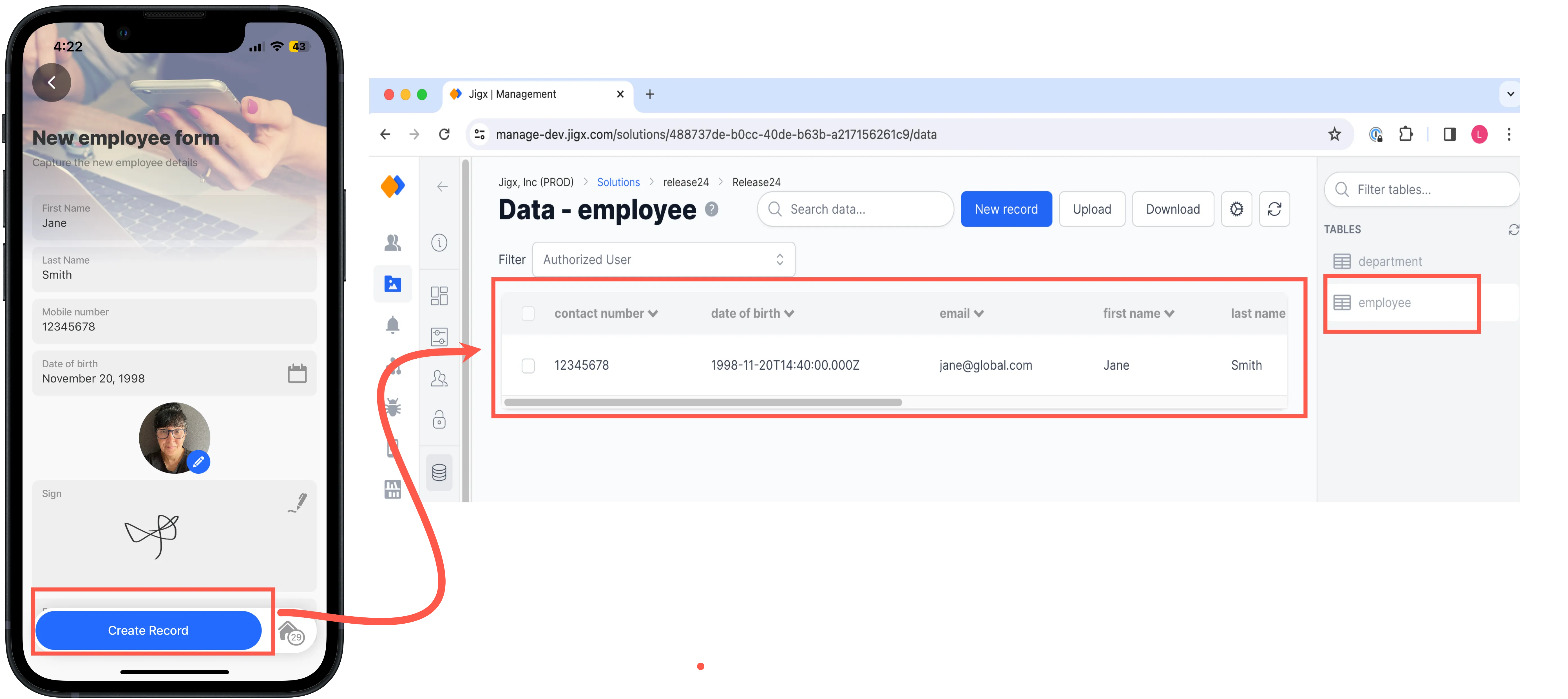 Form creates column and data record