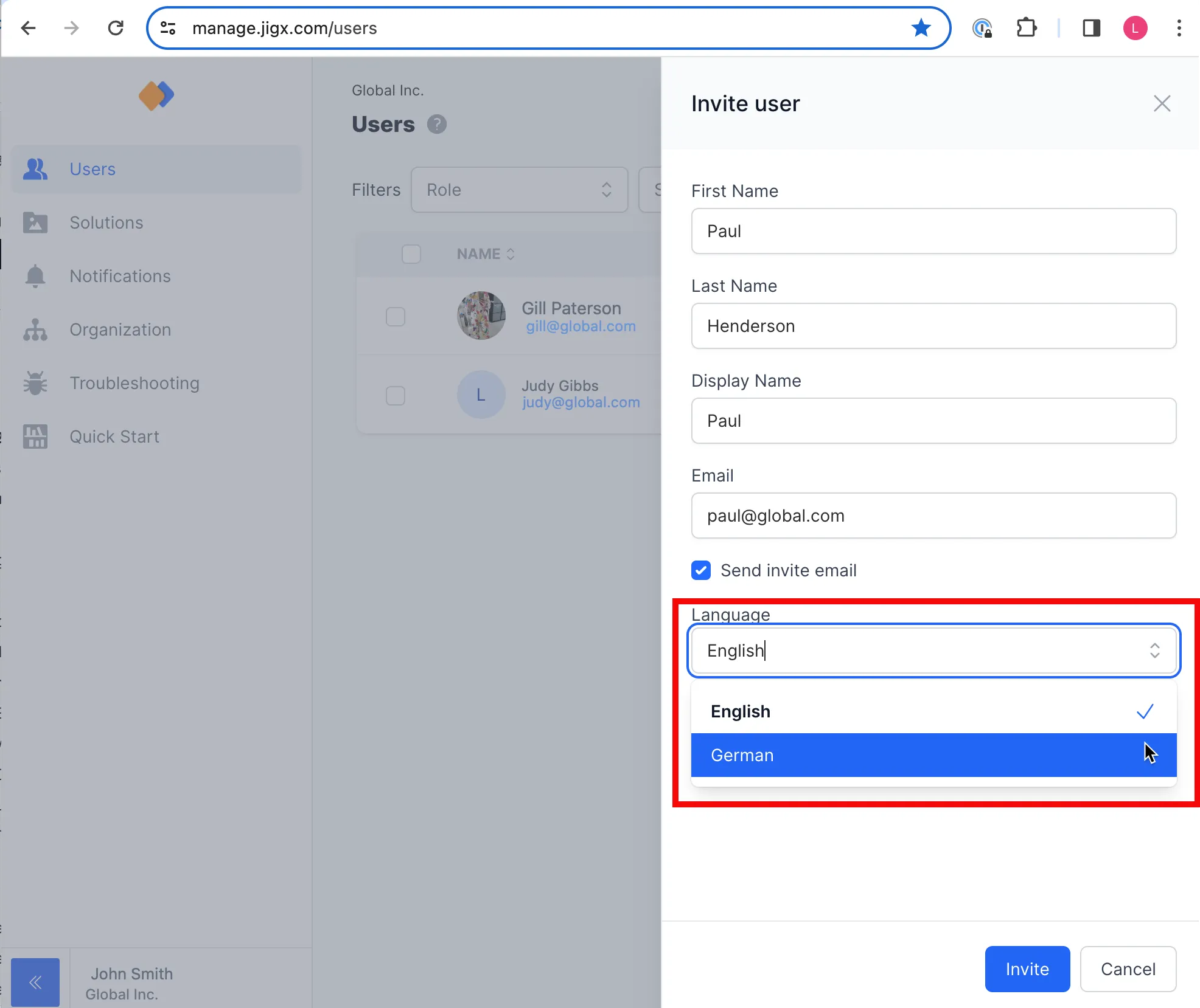 Invite language selection Invite language selection