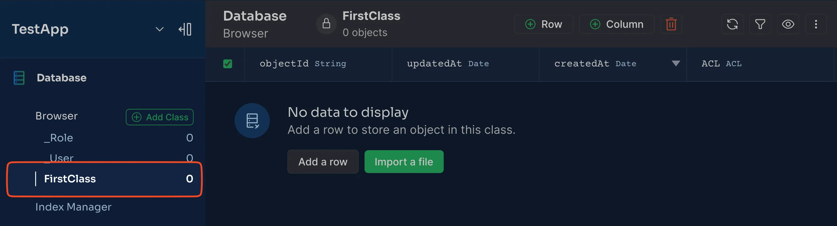 Image of a new class object created in the backend