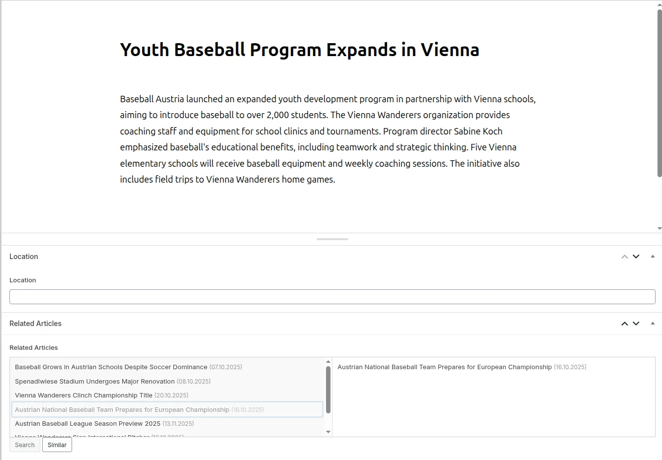 Screenshot of the Purple Hub editor displaying an article and the Related Articles Panel with a candidates selection below. Screenshot of the Purple Hub editor displaying an article and the Related Articles Panel with a candidates selection below.