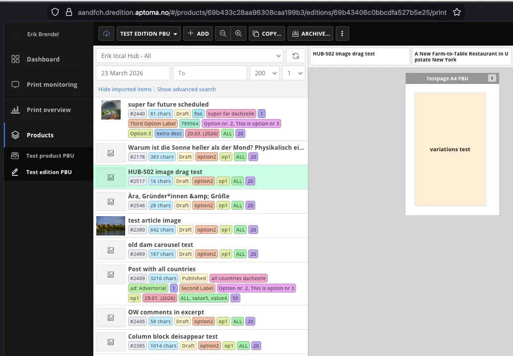 Example articles being listed in Aptoma, with mock data in various ACF fields being shown as colorful labels