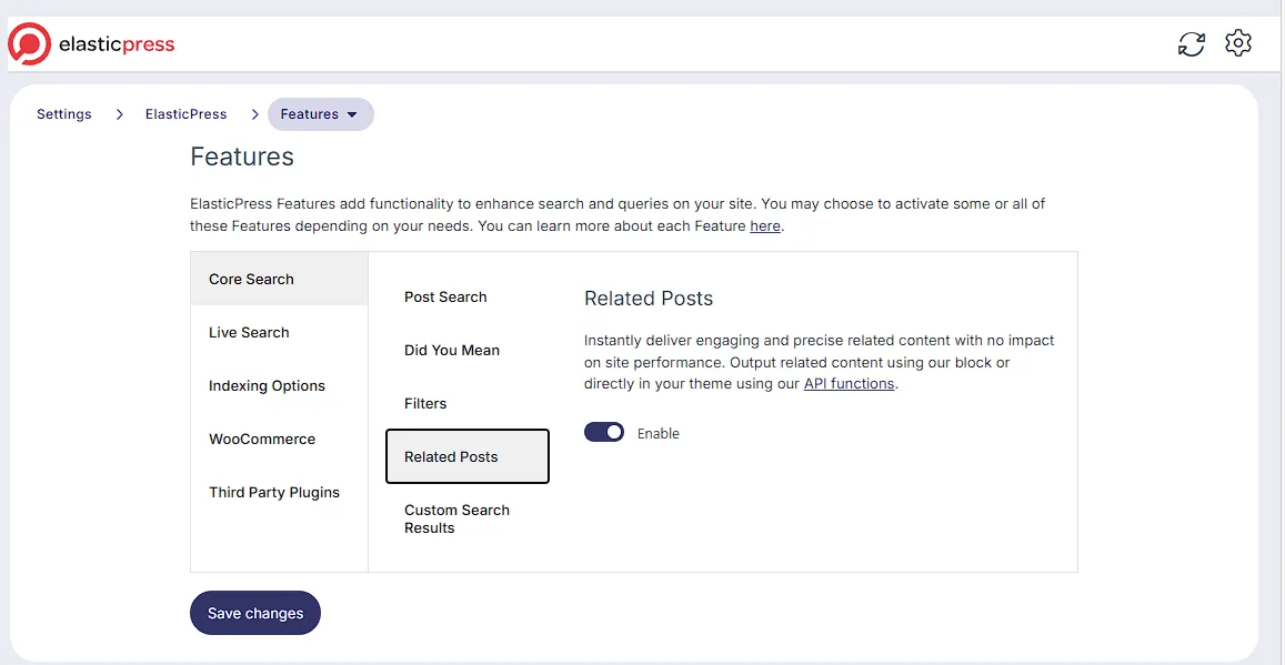 Elasticpress Plugin Settings screen showing where to configure the related posts feature Elasticpress Plugin Settings screen showing where to configure the related posts feature