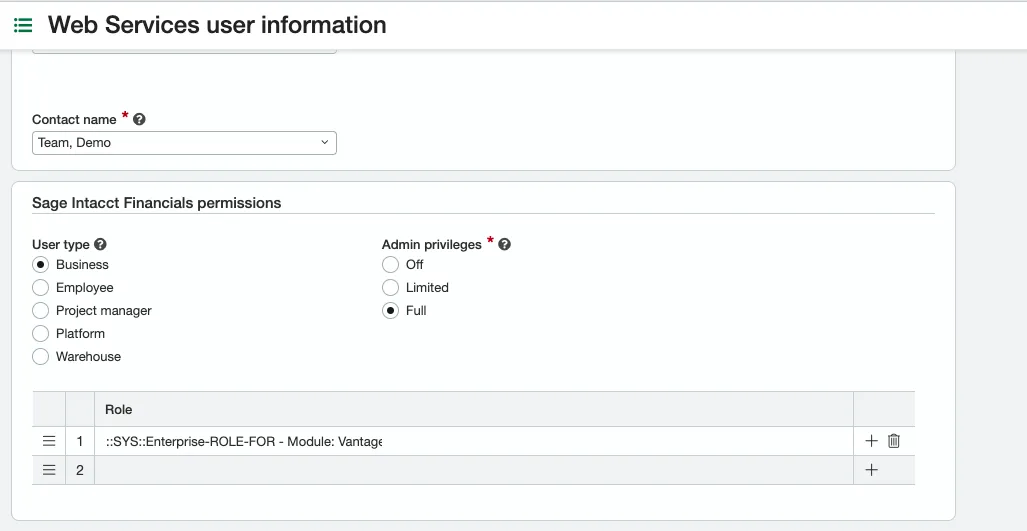 Web Services User Infomration - Roles information tab Web Services User Infomration - Roles information tab