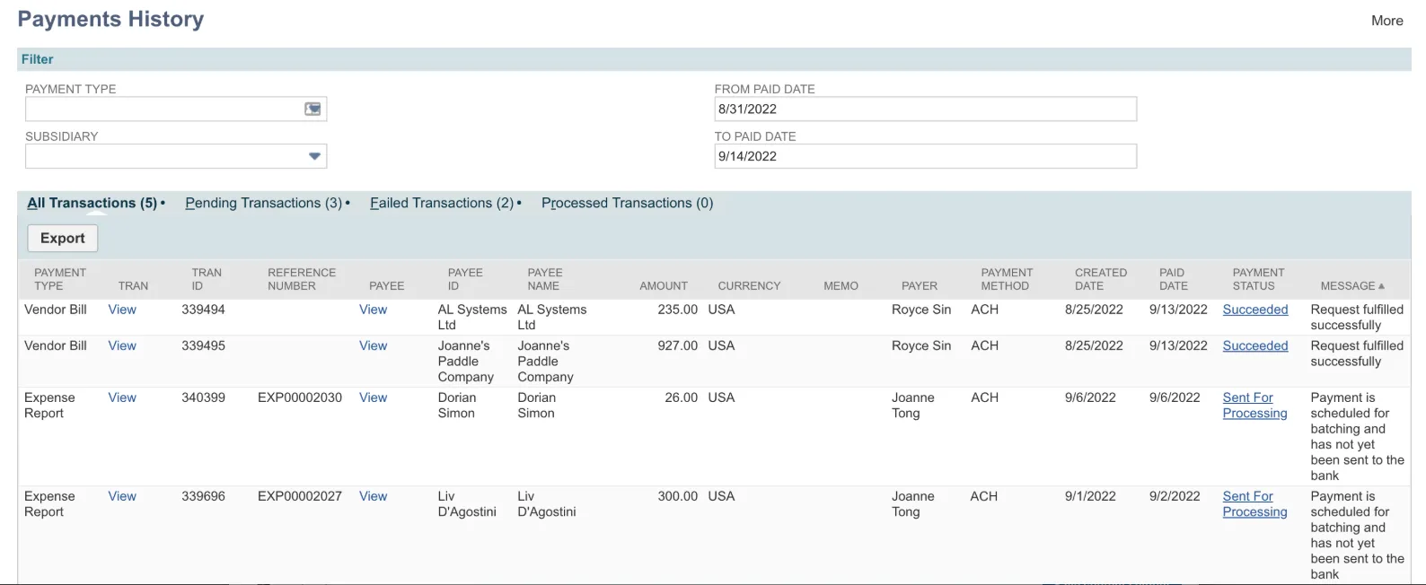Payments History page