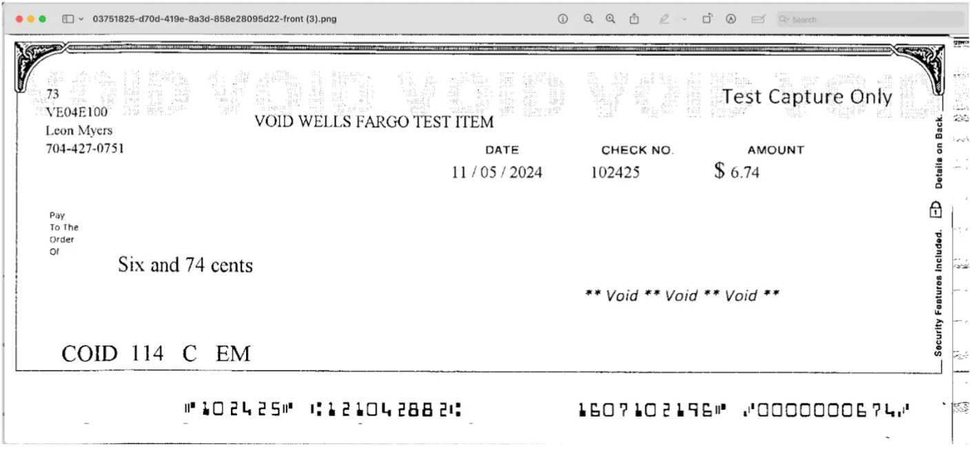 Front view of check Front view of check