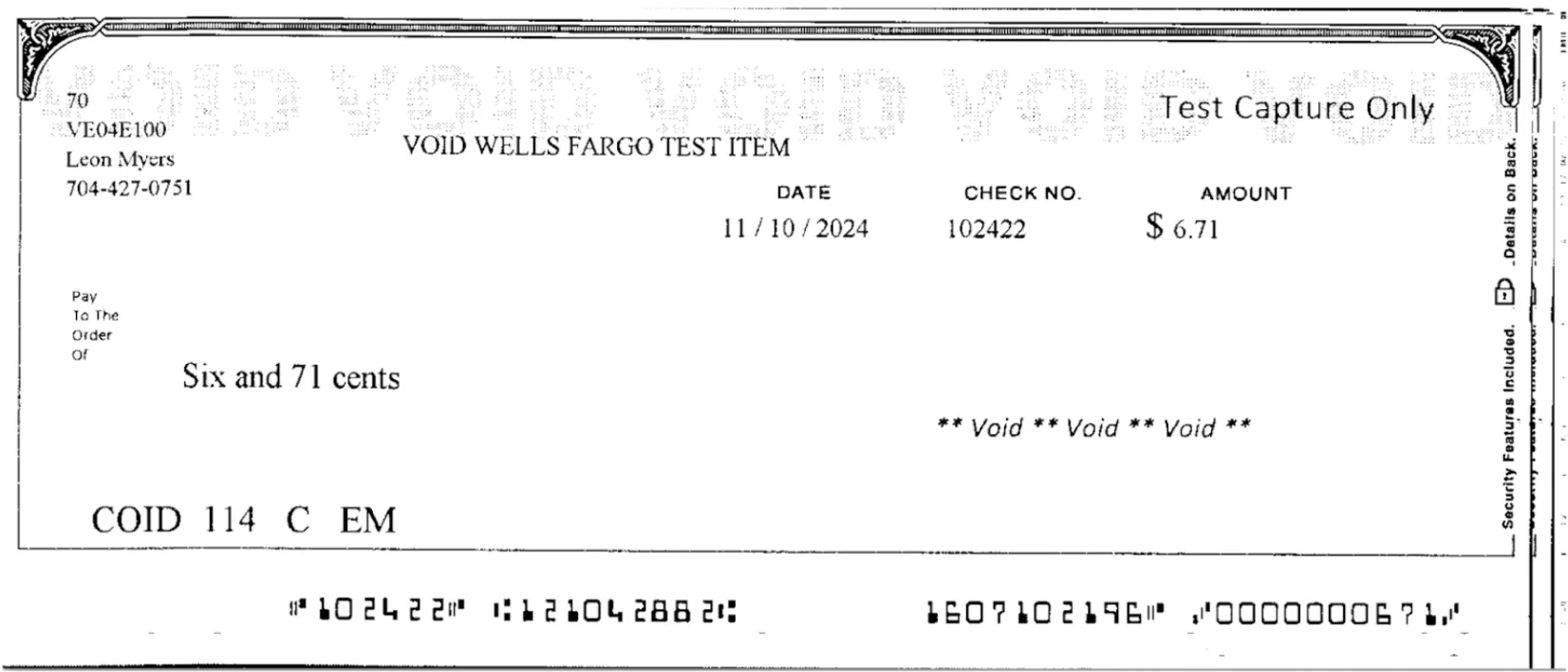 Front view of check